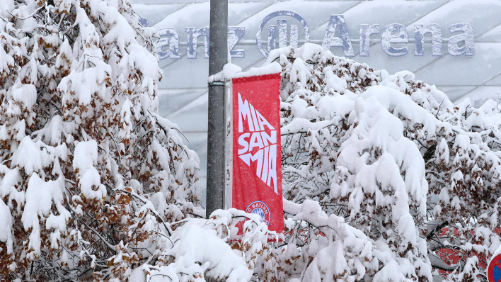 Schneebedeckte Bäume und die Allianz-Arena: Die Bundesligapartie Bayern München gegen den 1. FC Union musste wegen starker Schneefälle abgesagt werden