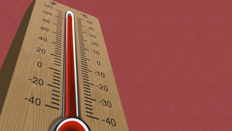 Ein Thermometer zeigt eine hohe Temperatur © imago/Ikon Images