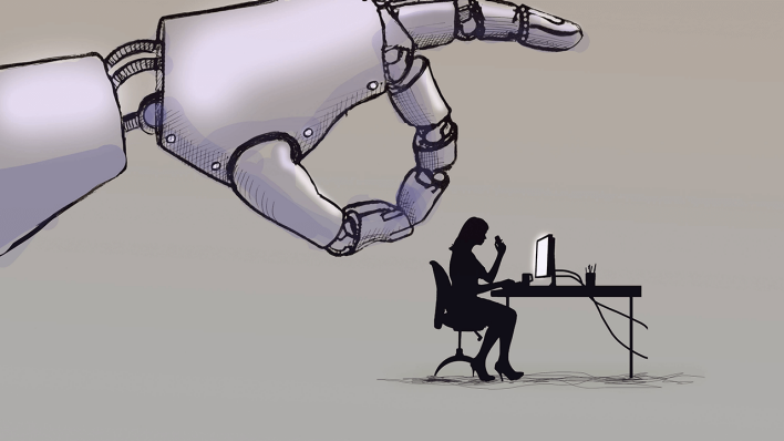 Eine Roboterhand schnipst eine Frau an einem Schreibtisch © imago/Ikon Images/Gary Waters