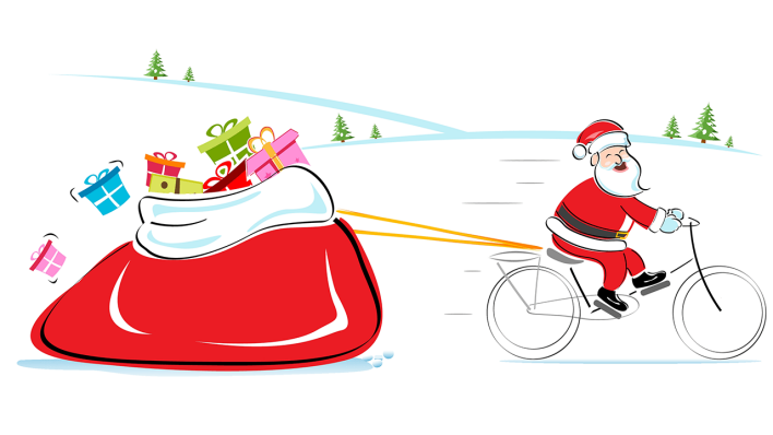 Radfahrender Weihnachtsmann mit Geschenken © Colourbox