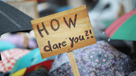 "How dare you?" steht auf einem Schild bei einer Fridays for Future-Demonstration © imago images/Müller-Stauffenberg