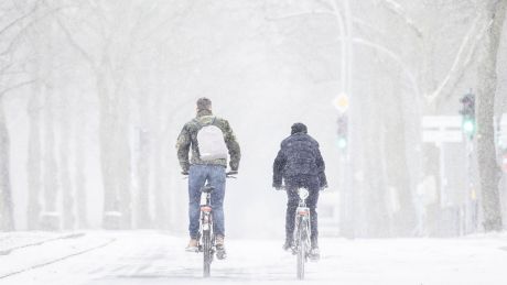 Zwei Personen fahren am 07.02.2021 mit dem Rad im Schneesturm entlang einer Allee in Berlin © imago images/photothek