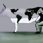 Ein Mann melkt eine Kuh deren Muster eine Weltkarte darstellt © imago images/Ikon Images