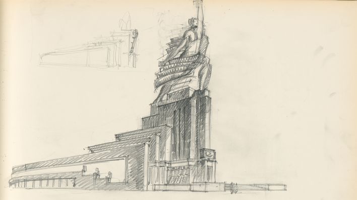 Boris Iofan. Entwurf für den Pavillon der UdSSR auf der Weltausstellung in Paris, eine der ersten Skizzen, Seitenansicht, 1937, Bleistift, 445 × 555 mm © Tchoban Foundation