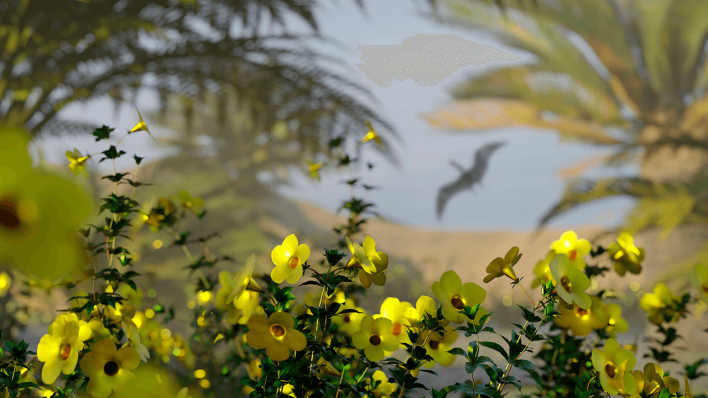 Blühende Pflanzen mit einem Flugdinosaurier im Hintergrund © imago images/Science Photo Library