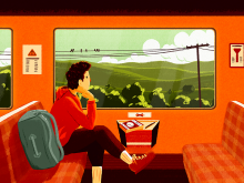 Mann mit Rucksack schaut aus dem Zugfenster