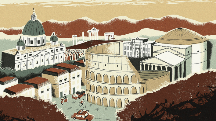 Illustration des Kolosseums und anderen Wahrzeichen Roms