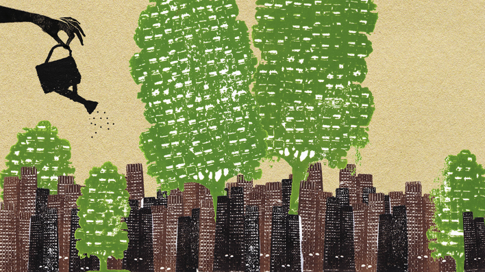 Hand bewässert Bäume in städtischer Umgebung © imago images/Ikon Images