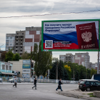Ein Werbebanner wirbt am 22.09.2022 in Luhansk für das sogenannte Referendum der russischen Regierung © AP