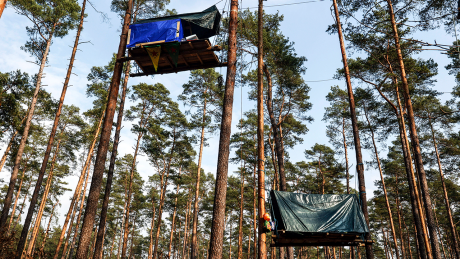 Aktivistengruppe "Tesla stoppen": Baumhäuser im Wald bei Grünheide © IMAGO/Jochen Eckel