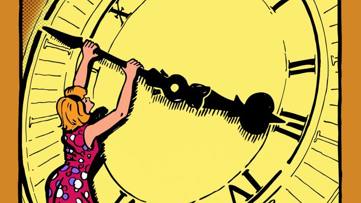 Illustration: Frau versucht, die Zeiger einer Uhr zurückzuhalten © IMAGO / Ikon Images