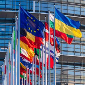 Flaggen der Europäischen Union und ihrer Mitgliedstaaten und der Ukraine © IMAGO/Ardan Fuessmann