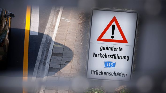 Schild mit der Aufschrift "Brückenschäden" © IMAGO / photothek
