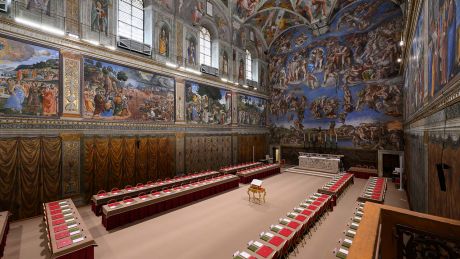 Ein Blick in die Sixtinische Kapelle im Vatikan, wo sich die Kardinäle zur Wahl des neuen Papstes versammeln werden © Uncredited/Vatican Media/AP/dpa