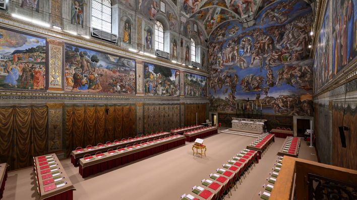 Ein Blick in die Sixtinische Kapelle im Vatikan, wo sich die Kardinäle zur Wahl des neuen Papstes versammeln werden © Uncredited/Vatican Media/AP/dpa