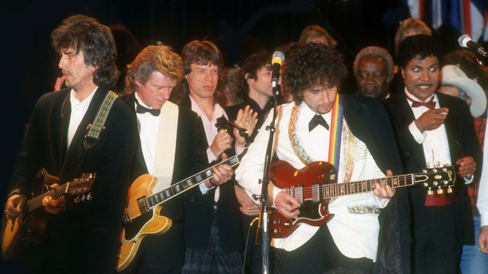 George Harrison Mick Jagger Bob Dylan Little Richard (Rock and Roll Hall of Fame, 1988)