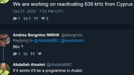 We are working on reactivating 639 kHz from Cyprus. If it works it’ll be a programme in Arabic