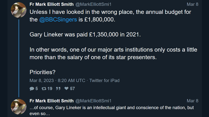 Unless I have looked in the wrong place, the annual budget for the BBC Singers is £1,800,000. Gary Lineker was paid £1,350,000 in 2021. Priorities?