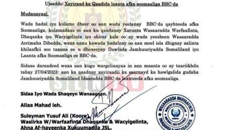 Sidaas daraadeed waxa aan kugu wargelinayaa in aan maanta oo ay taariikhdu tahay 27/04/2023 aan ka qaadnay xayiraadii ka saarnayd ka hawlgalida gudaha Jamhuuriyadda Somaliland Idaacadda BBC-da laanteeda afka soomaaliga. Sidaas daraadeed waxa aan kugu wargelinayaa in aan maanta oo ay taariikhdu tahay 27/04/2023 aan ka qaadnay xayiraadii ka saarnayd ka hawlgalida gudaha Jamhuuriyadda Somaliland Idaacadda BBC-da laanteeda afka soomaaliga.