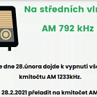 Upozorňujeme posluchače, že dne 28.února dojde k vypnutí všech středovlnných vysílačů na kmitočtu AM 1233kHz.