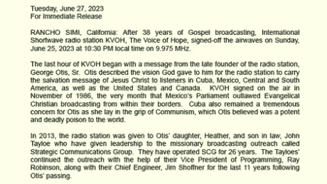 After 38 years of Gospel broadcasting, international shortwave radio station KVOH, The Voice of Hope, signed off the airwaves on Sunday, June 25, 2023 at 10:30 PM local time on 9.975 MHz.