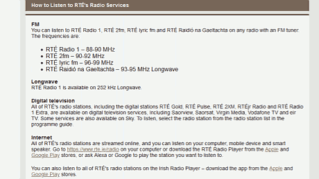 How to Listen to RTÉ's Radio Services: FM, Longwave, Digital television, Internet