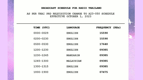 Broadcast schedule for Radio Thailand, as per Thai Public Relations Department requisition change