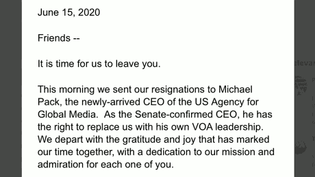 June 15, 2020. Friends -- It is time for us to leave you. This morning we sent our resignations to Michael Pack, the newly-arrived CEO of the US Agency for Global Media.