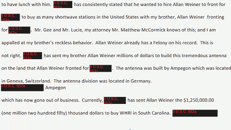 Barbara Weiner: Currently, [...] has sent Allan Weiner the $1,250,000.00 to buy WHRI in South Carolina.