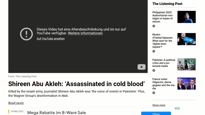 Shireen Abu Akleh: ‘Assassinated in cold blood’: Dieses Video hat eine Altersbeschränkung und ist nur auf Youtube verfügbar.