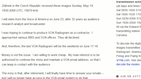 I was hoping to continue to produce VOA Radiogram as a contractor. I approached various BBG and VOA offices. They all declined.